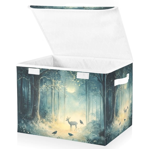 Yayeee Collapsible Cube Storage Bin with Lid Fabric Closet Decorative Basket with Handles, Night Forest Scene