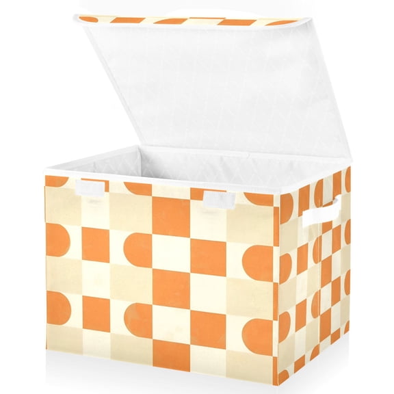 Yayeee Collapsible Cube Storage Bin with Lid Fabric Closet Decorative Basket with Handles, Orange Checkered Pattern