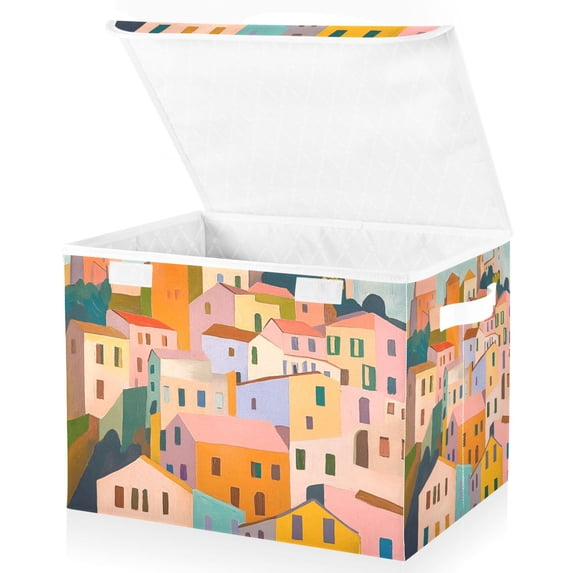 Yayeee Collapsible Storage Bin with Lid Fabric Closet Decorative Basket with Handles, Orange Cityscape Painting
