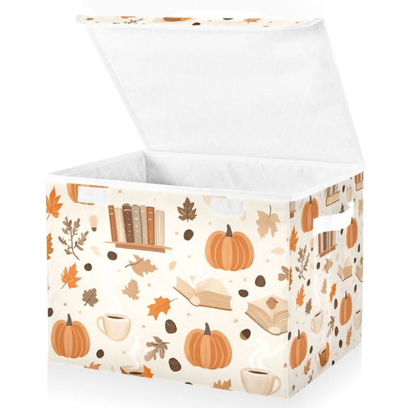 Yayeee Collapsible Cube Storage Bin with Lid Fabric Closet Decorative Basket with Handles, Orange Fall Pumpkin
