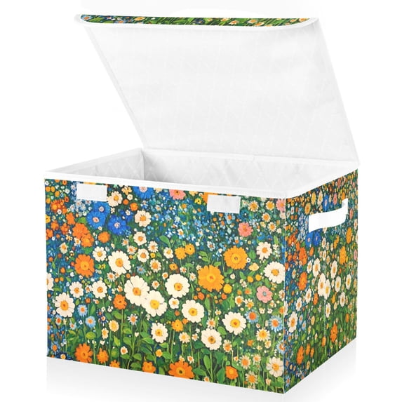 Yayeee Collapsible Cube Storage Bin with Lid Fabric Closet Decorative Basket with Handles, Orange Floral Garden