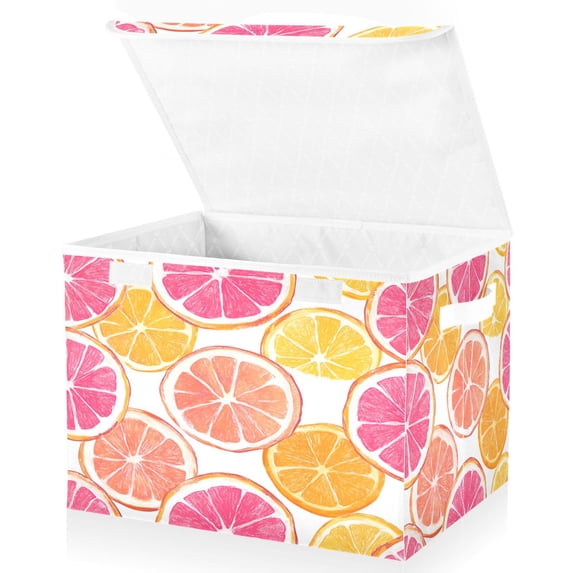 Yayeee Collapsible Cube Storage Bin with Lid Fabric Closet Decorative Basket with Handles, Orange Grapefruit Slices