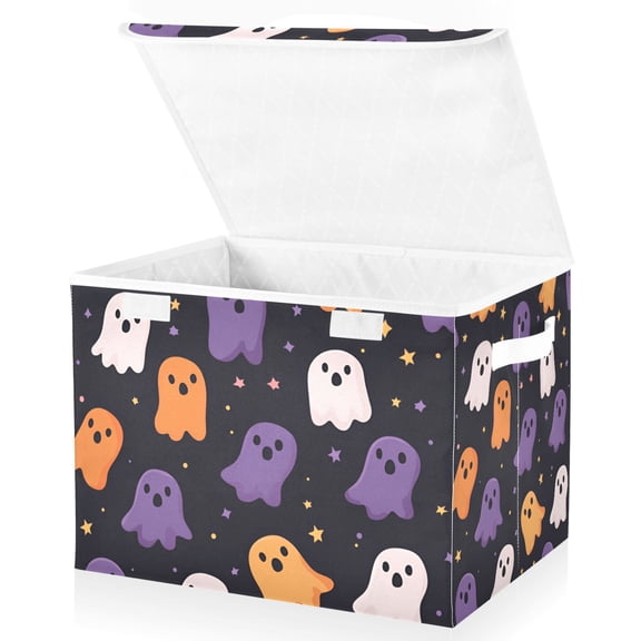 Yayeee Collapsible Cube Storage Bin with Lid Fabric Closet Decorative Basket with Handles, Orange Halloween Ghosts