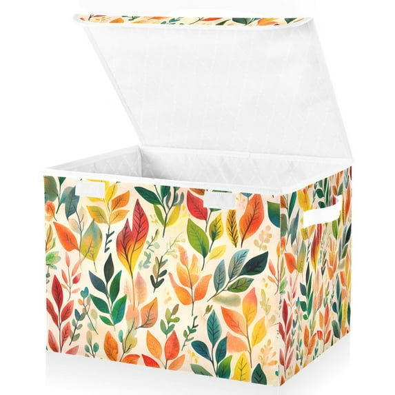 Yayeee Collapsible Cube Storage Bin with Lid Fabric Closet Decorative Basket with Handles, Orange Leaves