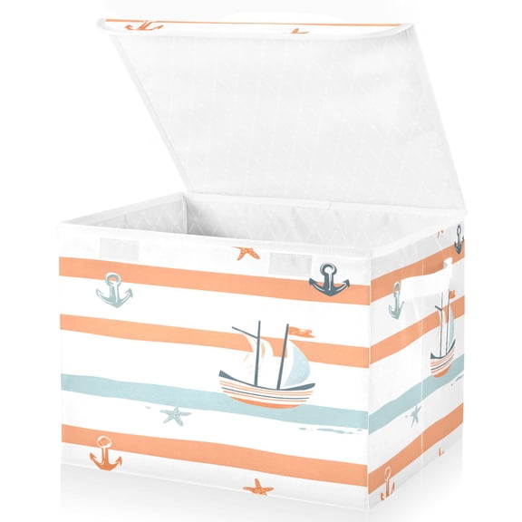 Yayeee Collapsible Cube Storage Bin with Lid Fabric Closet Decorative Basket with Handles, Orange Nautical Pattern