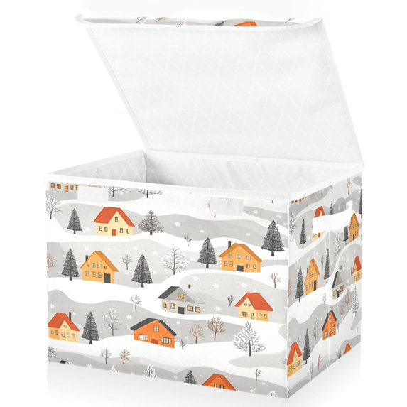 Yayeee Collapsible Cube Storage Bin with Lid Fabric Closet Decorative Basket with Handles, Orange Snow Houses
