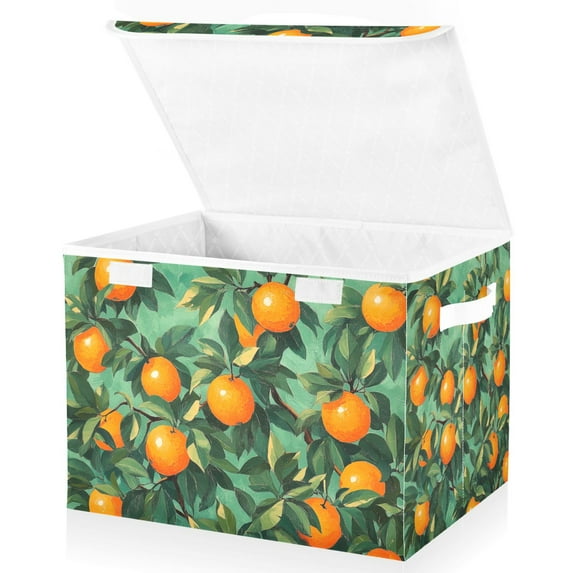 Yayeee Collapsible Cube Storage Bin with Lid Fabric Closet Decorative Basket with Handles, Orange Tree Pattern