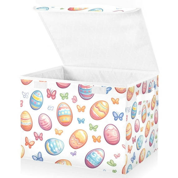 Yayeee Collapsible Cube Storage Bin with Lid Fabric Closet Decorative Basket with Handles, Pastel Easter Pattern