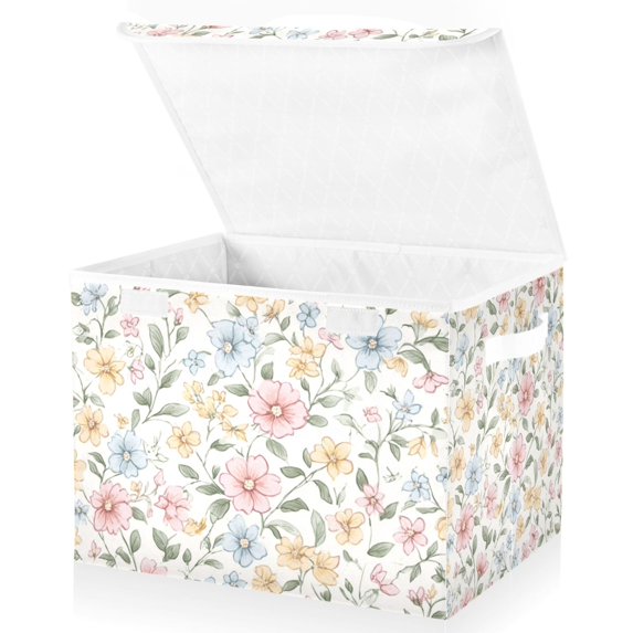 Yayeee Collapsible Cube Storage Bin with Lid Fabric Closet Decorative Basket with Handles, Pastel Floral Pattern