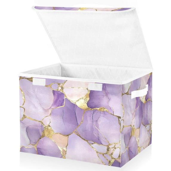 Yayeee Collapsible Cube Storage Bin with Lid Fabric Closet Decorative Basket with Handles, Pastel Purple Marble Pattern