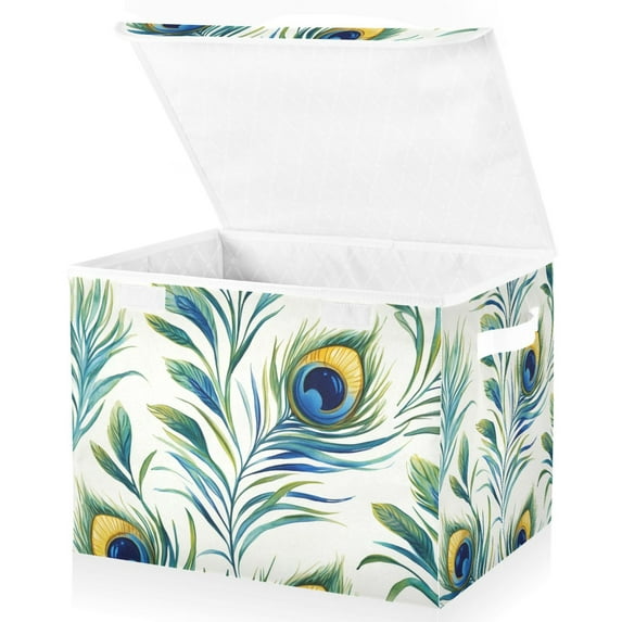 Yayeee Collapsible Cube Storage Bin with Lid Fabric Closet Decorative Basket with Handles, Peacock Feather