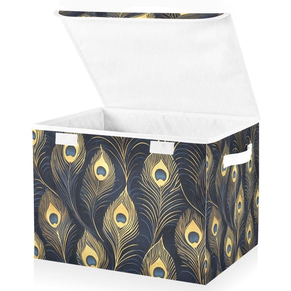 Yayeee Collapsible Cube Storage Bin with Lid Fabric Closet Decorative Basket with Handles, Peacock Feathers Pattern
