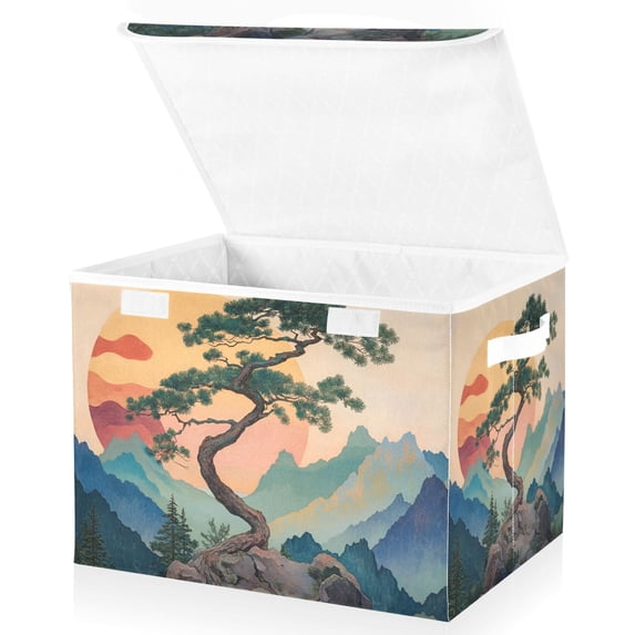 Yayeee Collapsible Cube Storage Bin with Lid Fabric Closet Decorative Basket with Handles, Pine Tree at Dawn
