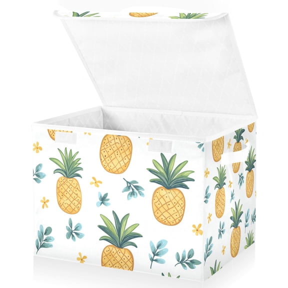 Yayeee Collapsible Cube Storage Bin with Lid Fabric Closet Decorative Basket with Handles, Pineapple