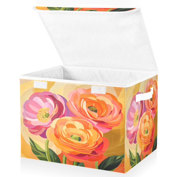 Yayeee Collapsible Cube Storage Bin with Lid Fabric Closet Decorative Basket with Handles, Pink Abstract Floral