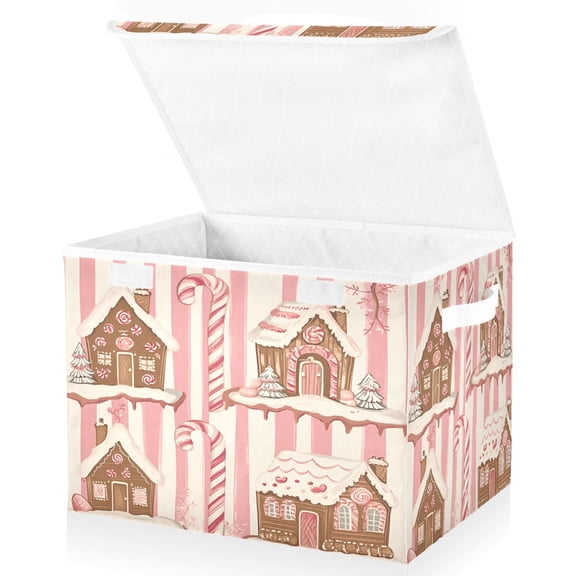 Yayeee Collapsible Cube Storage Bin with Lid Fabric Closet Decorative Basket with Handles, Pink Candy House