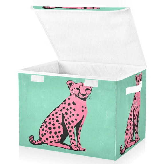 Yayeee Collapsible Cube Storage Bin with Lid Fabric Closet Decorative Basket with Handles, Pink Cheetah