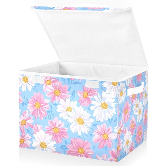 Yayeee Collapsible Cube Storage Bin with Lid Fabric Closet Decorative Basket with Handles, Pink Daisy