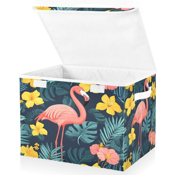 Yayeee Collapsible Cube Storage Bin with Lid Fabric Closet Decorative Basket with Handles, Pink Floral Flamingo
