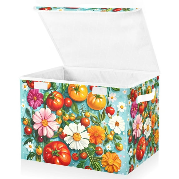 Yayeee Collapsible Cube Storage Bin with Lid Fabric Closet Decorative Basket with Handles, Pink Floral Tomatoes