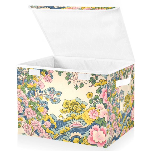 Yayeee Collapsible Storage Bin with Lid Fabric Closet Decorative Basket with Handles, Pink Floral Wave