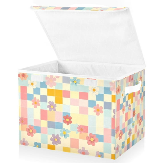 Yayeee Collapsible Cube Storage Bin with Lid Fabric Closet Decorative Basket with Handles, Pink Floral