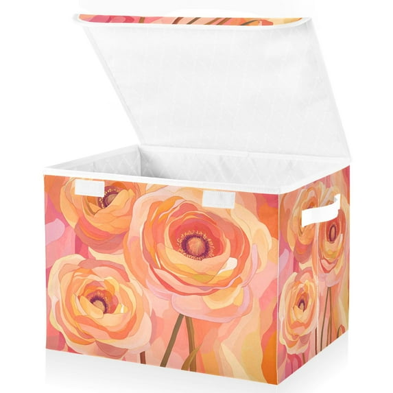 Yayeee Collapsible Cube Storage Bin with Lid Fabric Closet Decorative Basket with Handles, Pink Flowers