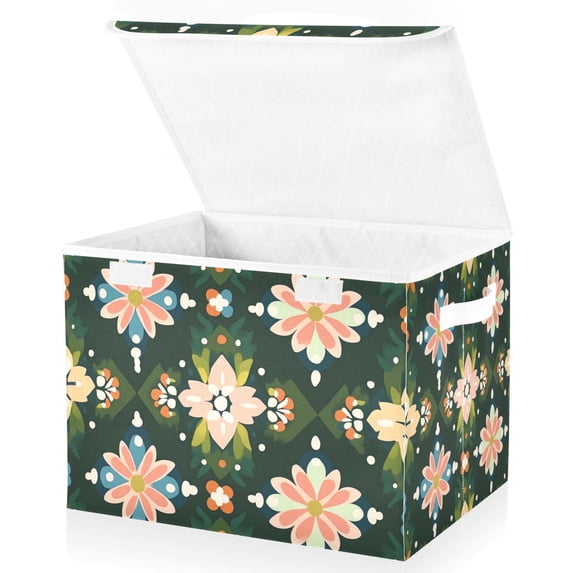 Yayeee Collapsible Cube Storage Bin with Lid Fabric Closet Decorative Basket with Handles, Pink Geometric Flowers