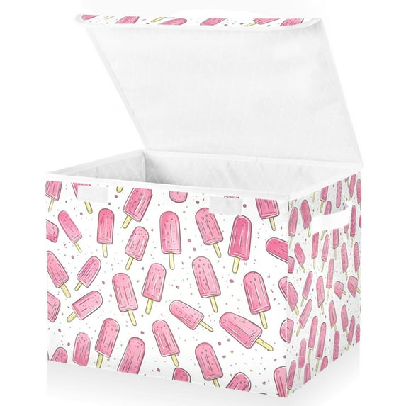 Yayeee Collapsible Cube Storage Bin with Lid Fabric Closet Decorative Basket with Handles, Pink Popsicle Pattern