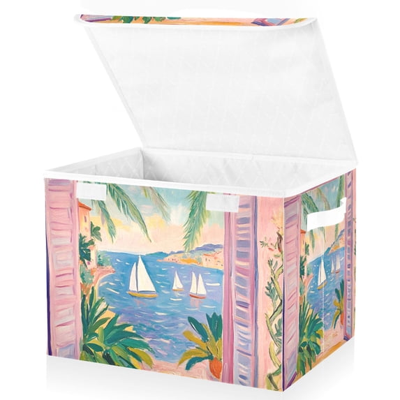 Yayeee Collapsible Cube Storage Bin with Lid Fabric Closet Decorative Basket with Handles, Pink Seaside Boat