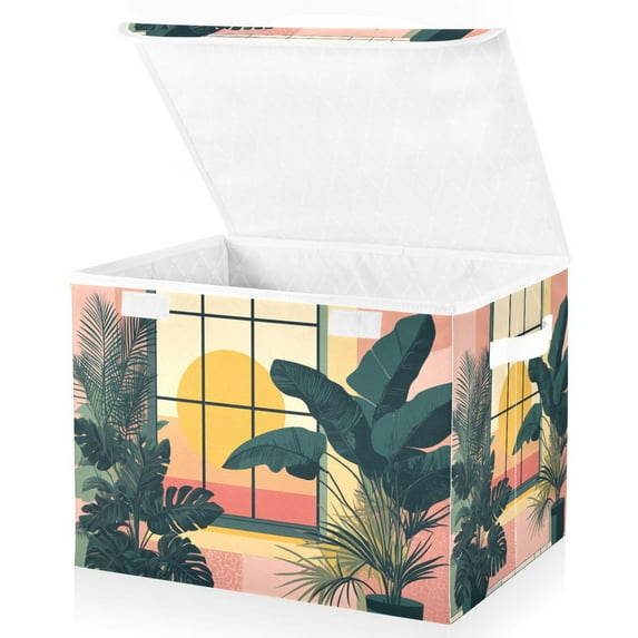 Yayeee Collapsible Cube Storage Bin with Lid Fabric Closet Decorative Basket with Handles, Pink Sunset