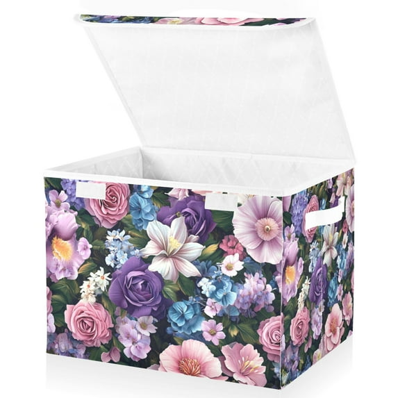 Yayeee Collapsible Cube Storage Bin with Lid Fabric Closet Decorative Basket with Handles, Pink and Purple Flowers