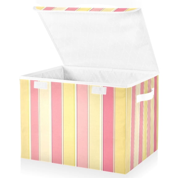 Yayeee Collapsible Cube Storage Bin with Lid Fabric Closet Decorative Basket with Handles, Pink and Yellow Striped Pattern