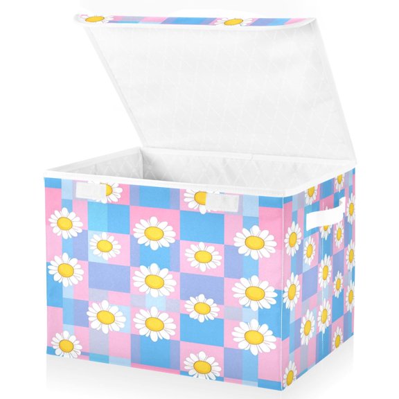 Yayeee Collapsible Cube Storage Bin with Lid Fabric Closet Decorative Basket with Handles, Playful Daisy