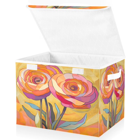 Yayeee Collapsible Cube Storage Bin with Lid Fabric Closet Decorative Basket with Handles, Purple Abstract Floral