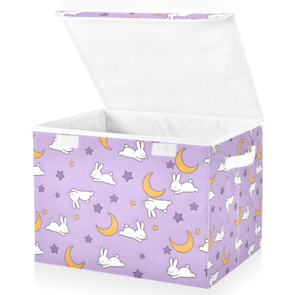 Yayeee Collapsible Storage Bin with Lid Fabric Closet Decorative Basket with Handles, Purple Cartoon Rabbit Pattern