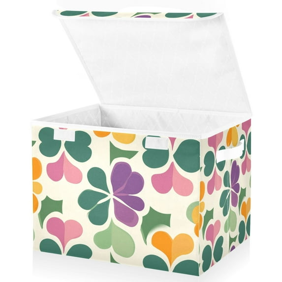 Yayeee Collapsible Cube Storage Bin with Lid Fabric Closet Decorative Basket with Handles, Purple Clover Pattern