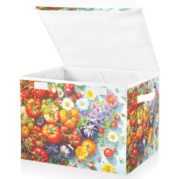 Yayeee Collapsible Cube Storage Bin with Lid Fabric Closet Decorative Basket with Handles, Purple Floral Tomatoes
