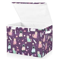 Yayeee Collapsible Cube Storage Bin with Lid Fabric Closet Decorative Basket with Handles, Purple Space Cat Pattern