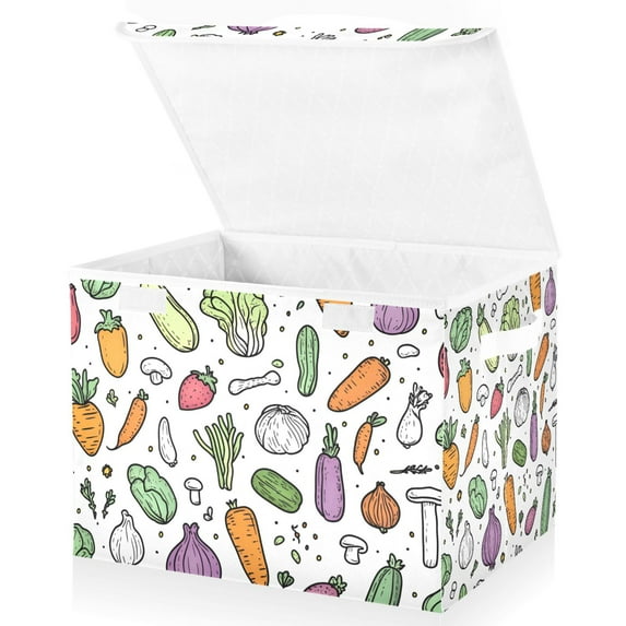 Yayeee Collapsible Cube Storage Bin with Lid Fabric Closet Decorative Basket with Handles, Purple Vegetables Pattern