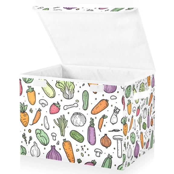 Yayeee Collapsible Cube Storage Bin with Lid Fabric Closet Decorative Basket with Handles, Purple Vegetables Pattern