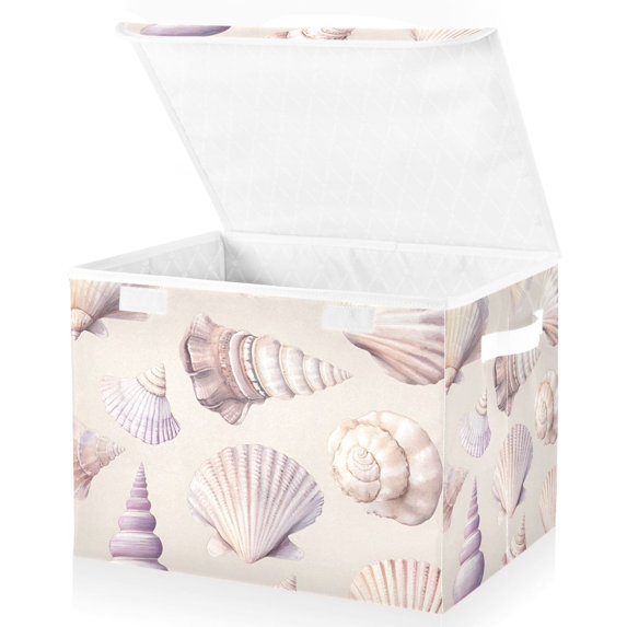 Yayeee Collapsible Cube Storage Bin with Lid Fabric Closet Decorative Basket with Handles, Purple Watercolor Seashells