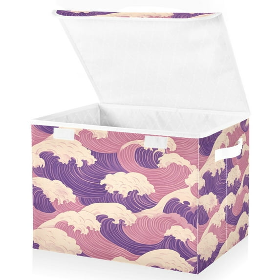 Yayeee Collapsible Cube Storage Bin with Lid Fabric Closet Decorative Basket with Handles, Purple Wave Pattern