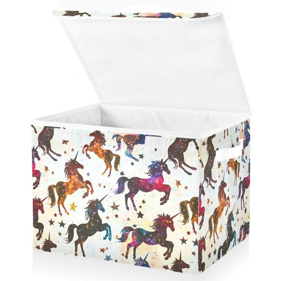 Yayeee Collapsible Cube Storage Bin with Lid Fabric Closet Decorative Basket with Handles, Rainbow Stars Pattern