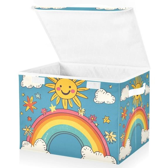 Yayeee Collapsible Cube Storage Bin with Lid Fabric Closet Decorative Basket with Handles, Rainbow with Stars