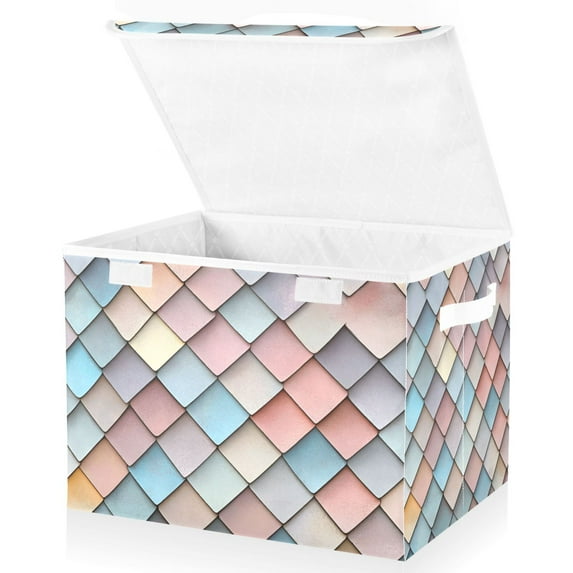 Yayeee Collapsible Cube Storage Bin with Lid Fabric Closet Decorative Basket with Handles, Red Art Pattern