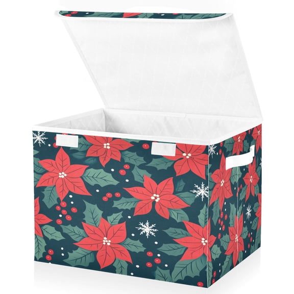 Yayeee Collapsible Cube Storage Bin with Lid Fabric Closet Decorative Basket with Handles, Red Christmas Leaves