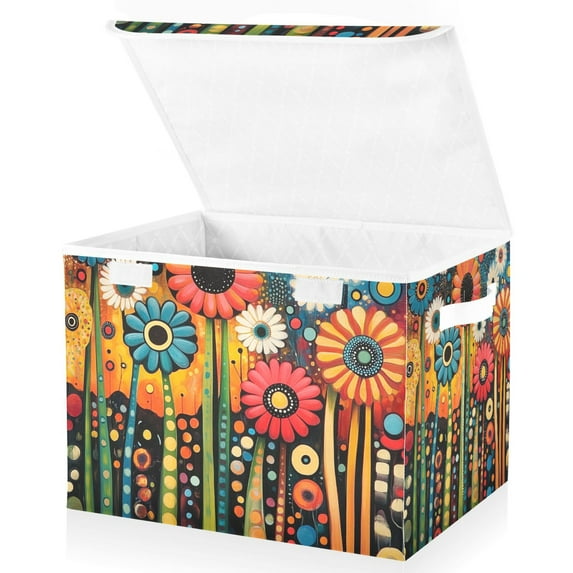 Yayeee Collapsible Cube Storage Bin with Lid Fabric Closet Decorative Basket with Handles, Red Colorful Flowers with Dots
