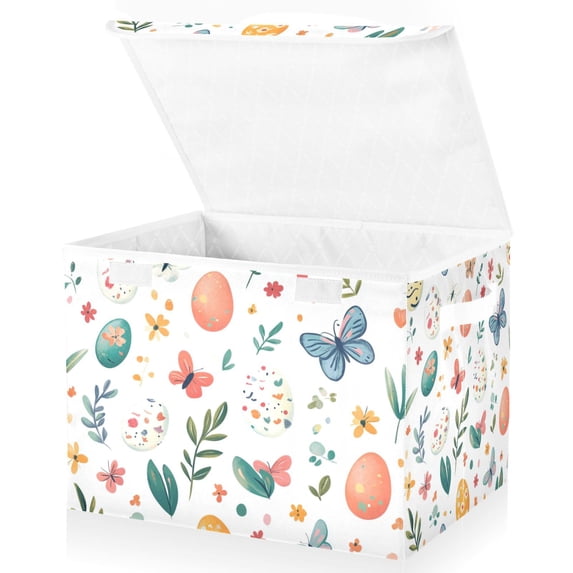 Yayeee Collapsible Cube Storage Bin with Lid Fabric Closet Decorative Basket with Handles, Red Easter Eggs