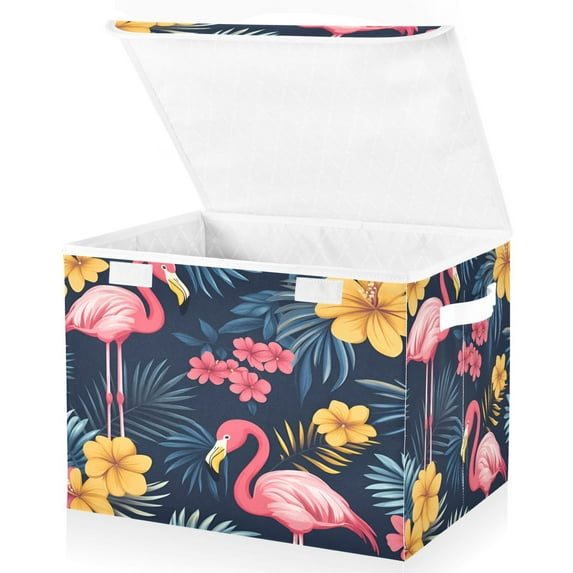 Yayeee Collapsible Cube Storage Bin with Lid Fabric Closet Decorative Basket with Handles, Red Floral Flamingo